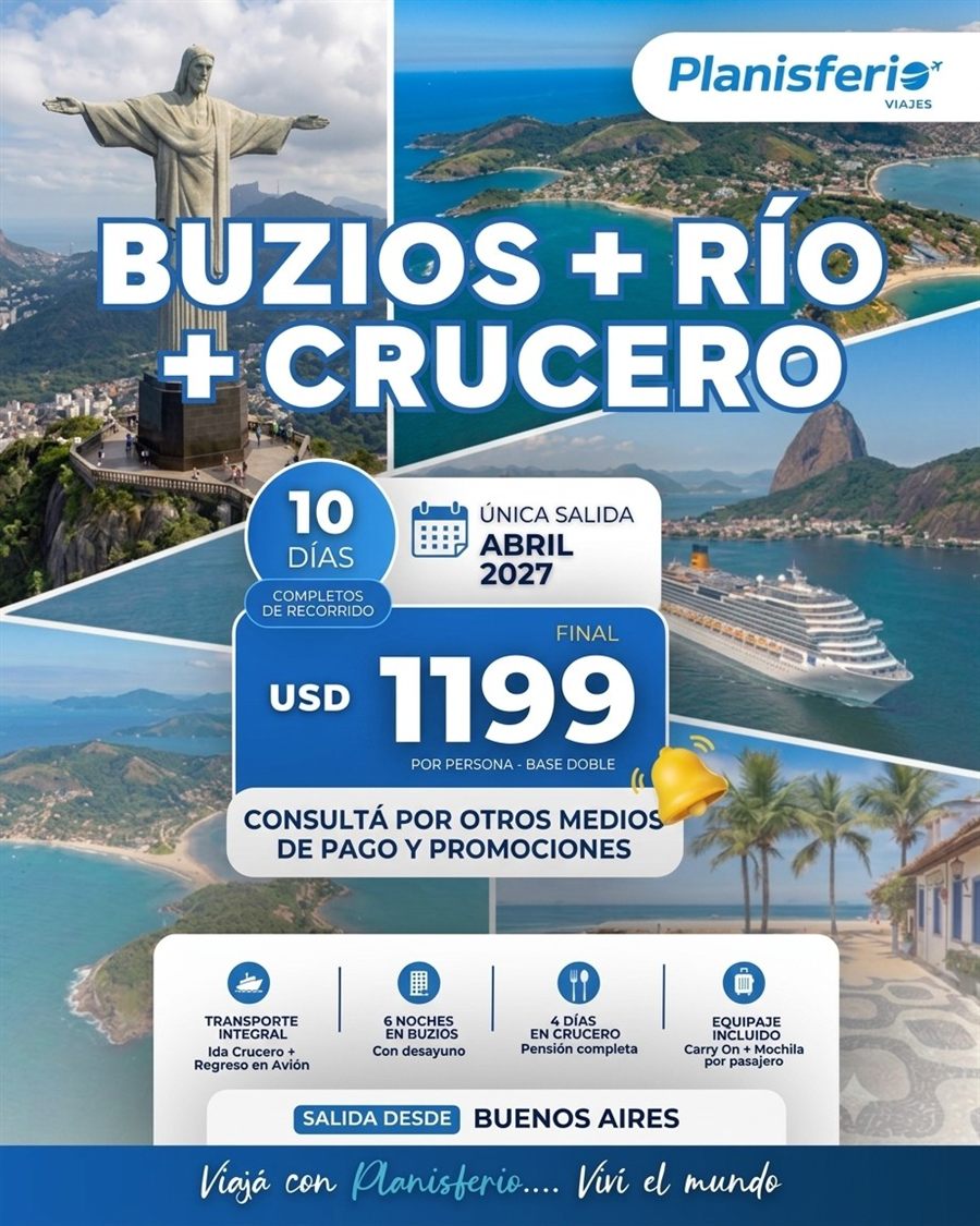Flyer de la promo Búzios, Río y crucero, Planisferio Viajes