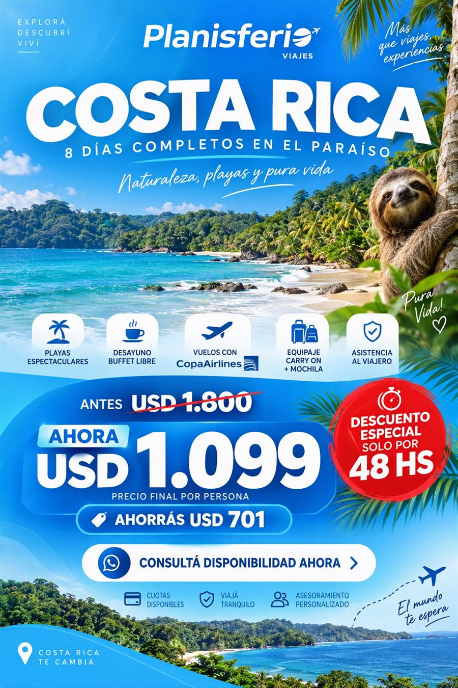 Flyer de la promo Costa Rica, Planisferio Viajes