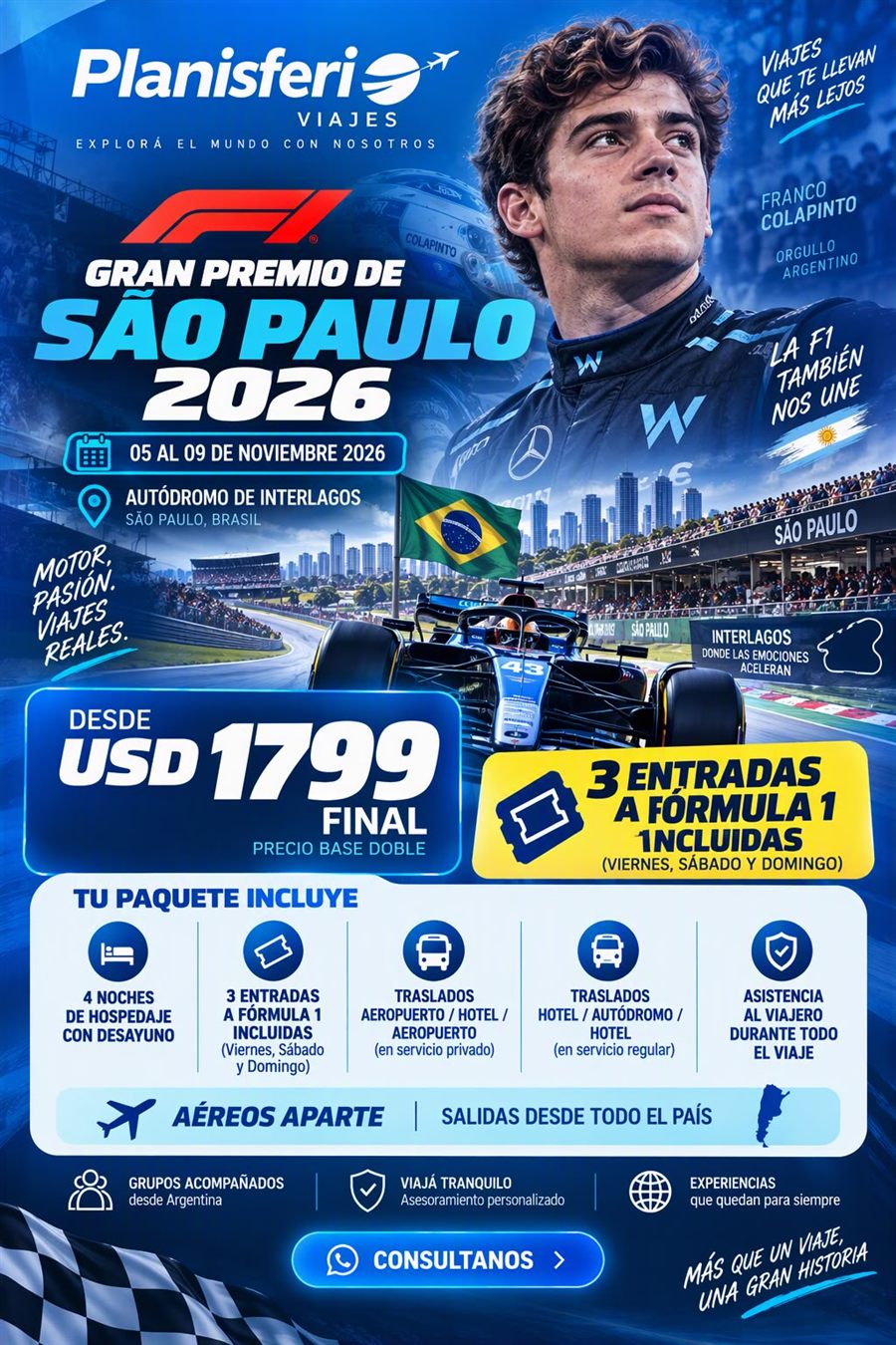 Flyer de la promo Gran Premio de São Paulo de Fórmula 1, Planisferio Viajes