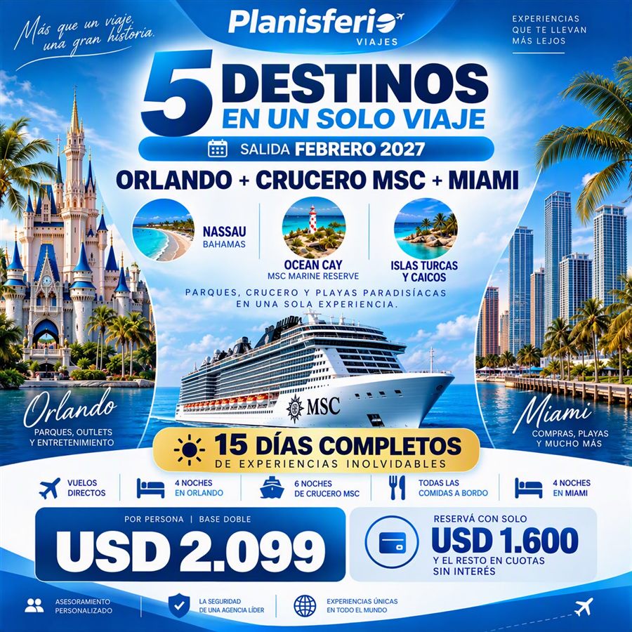 Flyer de la promo Orlando, crucero MSC y Miami, Planisferio Viajes