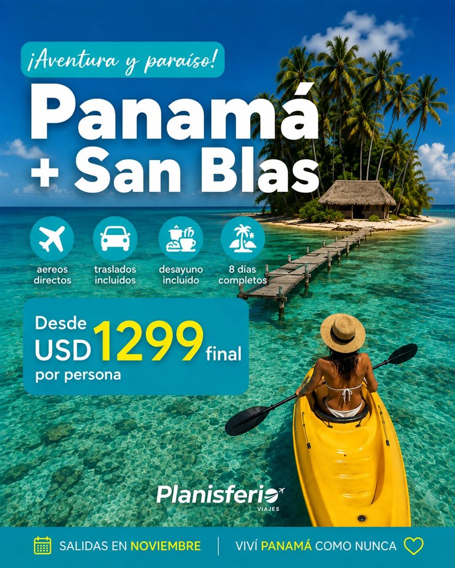Flyer de la promo Panamá y San Blas, Planisferio Viajes
