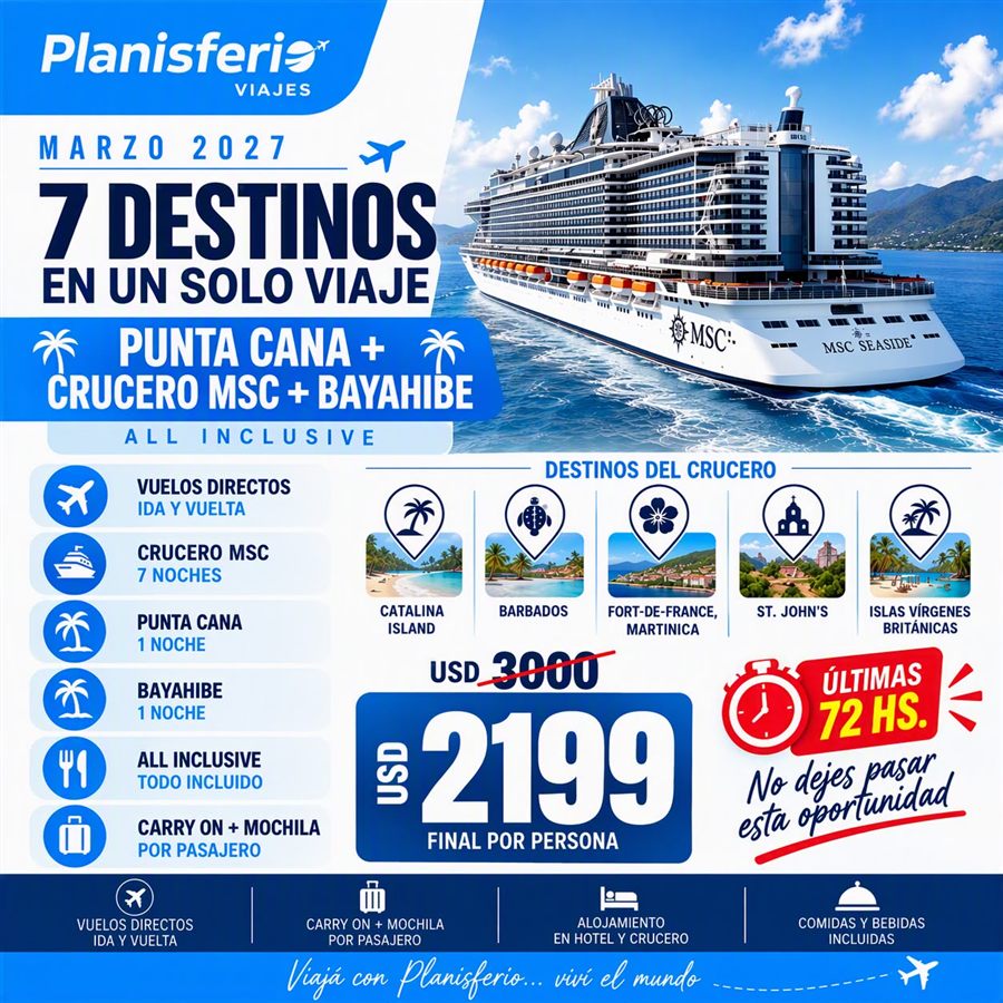 Flyer de la promo Punta Cana, crucero MSC y Bayahibe, Planisferio Viajes